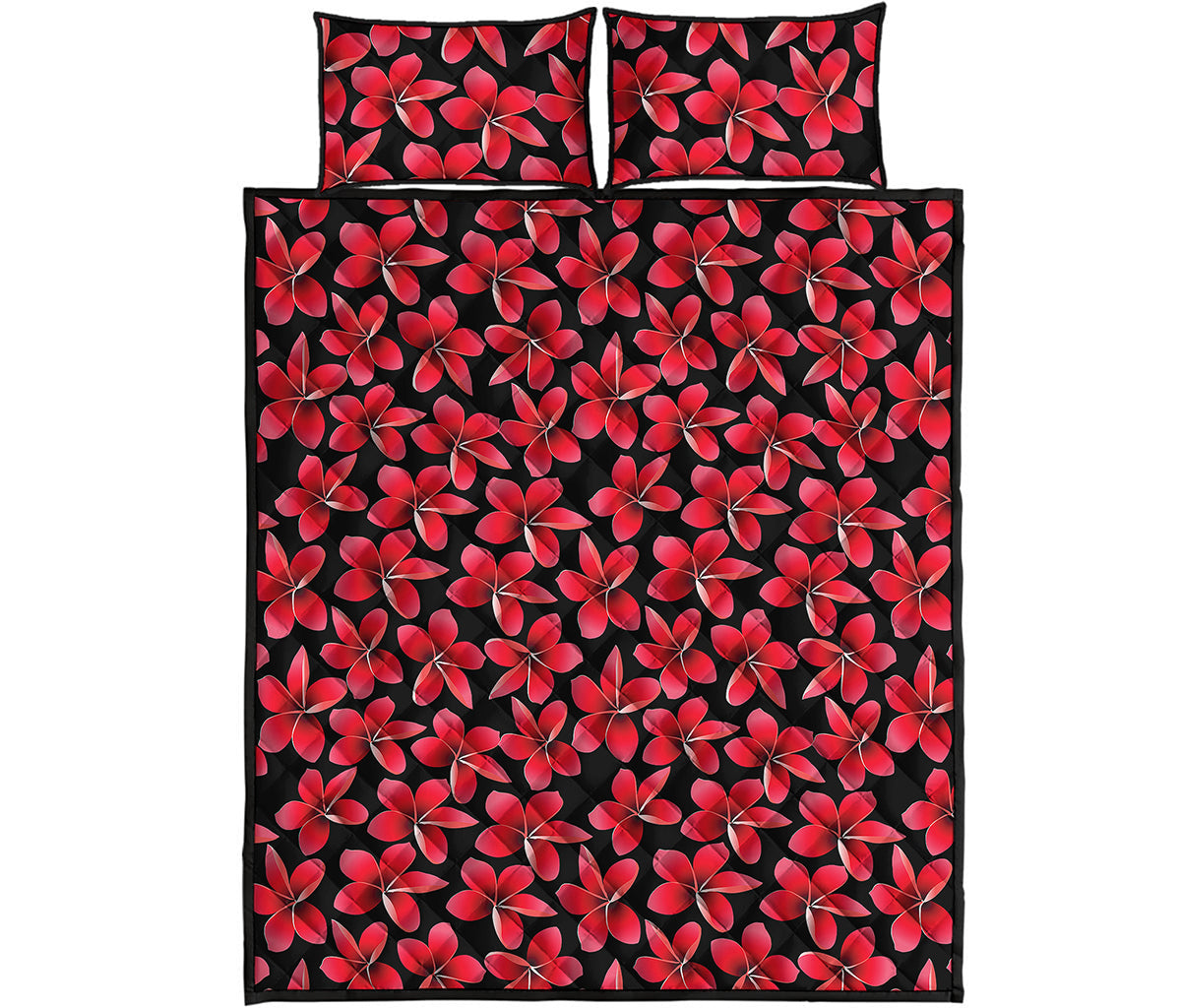 Red And Black Frangipani Pattern Print Quilt Bed Set