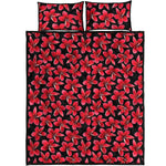 Red And Black Frangipani Pattern Print Quilt Bed Set