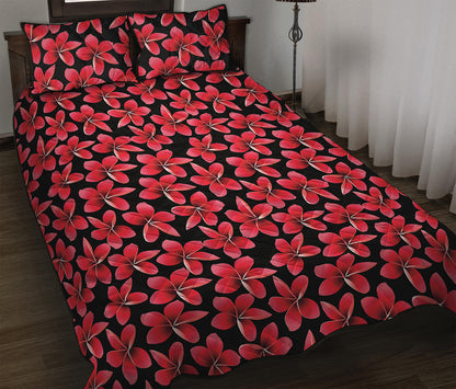 Red And Black Frangipani Pattern Print Quilt Bed Set