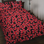 Red And Black Frangipani Pattern Print Quilt Bed Set