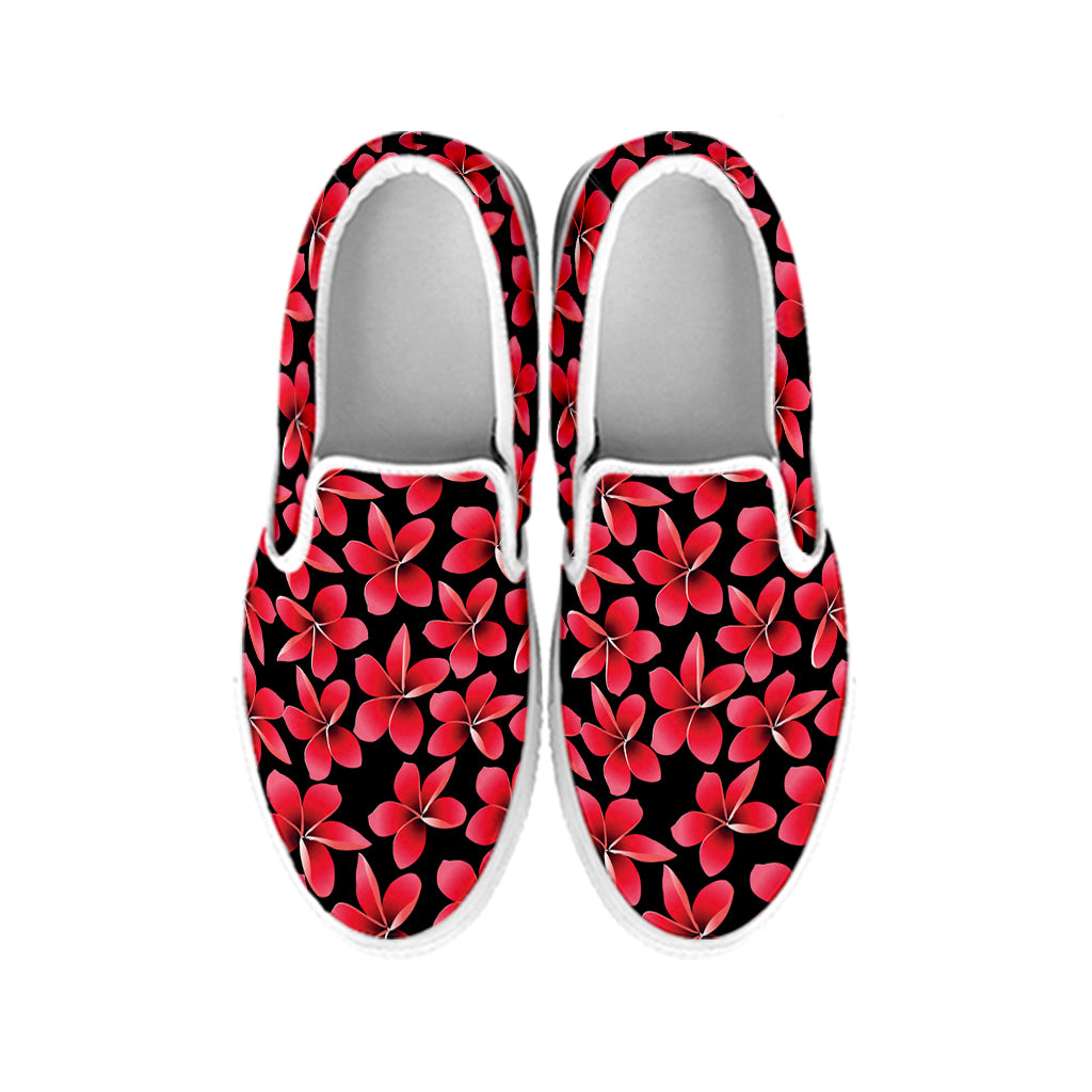 Red And Black Frangipani Pattern Print White Slip On Shoes