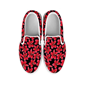 Red And Black Frangipani Pattern Print White Slip On Shoes