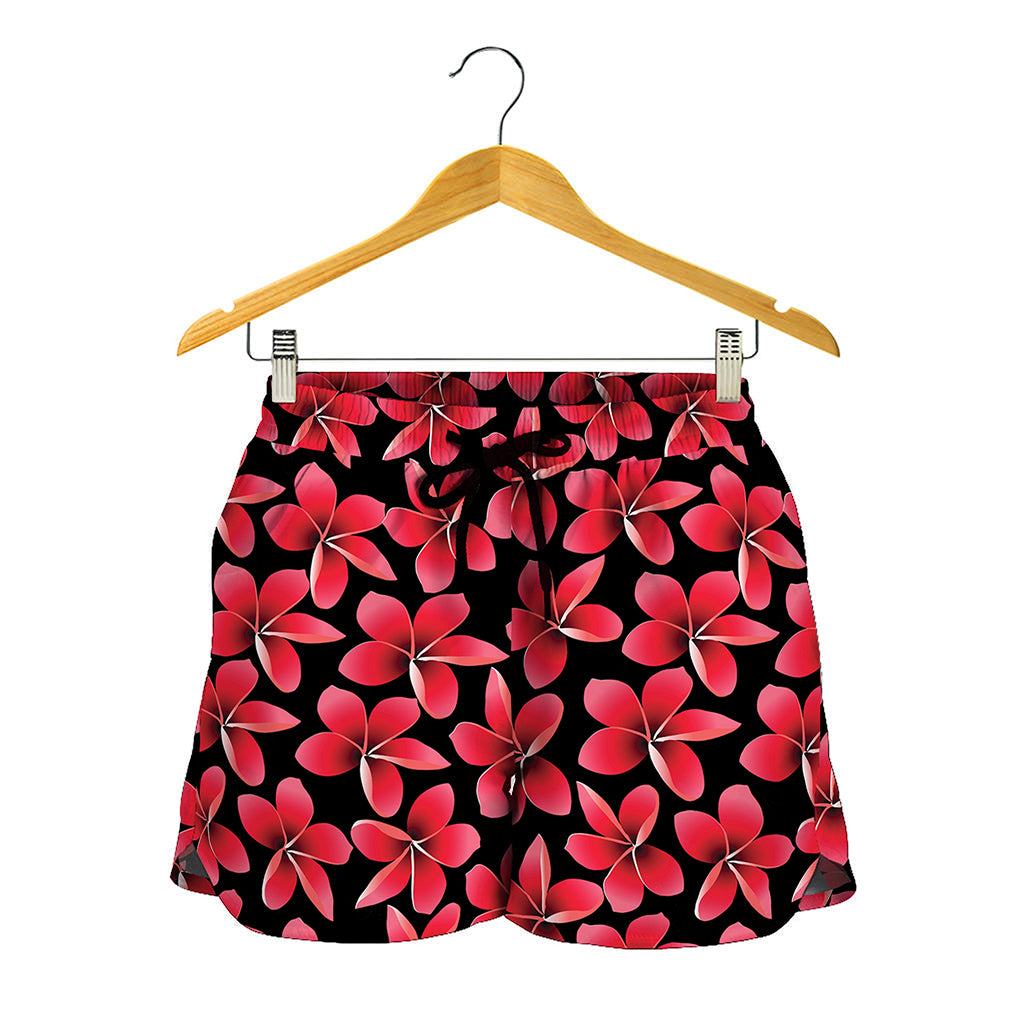 Red And Black Frangipani Pattern Print Women's Shorts