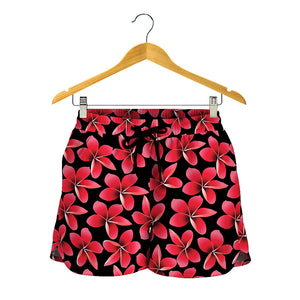 Red And Black Frangipani Pattern Print Women's Shorts