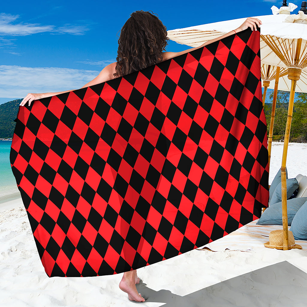 Red And Black Harlequin Pattern Print Beach Sarong Wrap