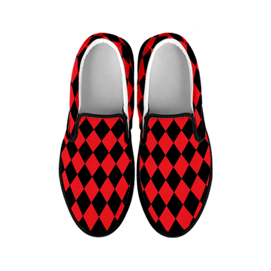 Red And Black Harlequin Pattern Print Black Slip On Shoes