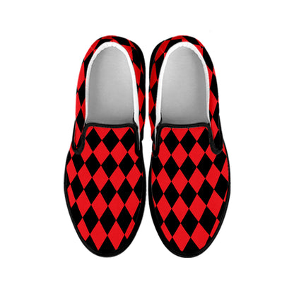 Red And Black Harlequin Pattern Print Black Slip On Shoes