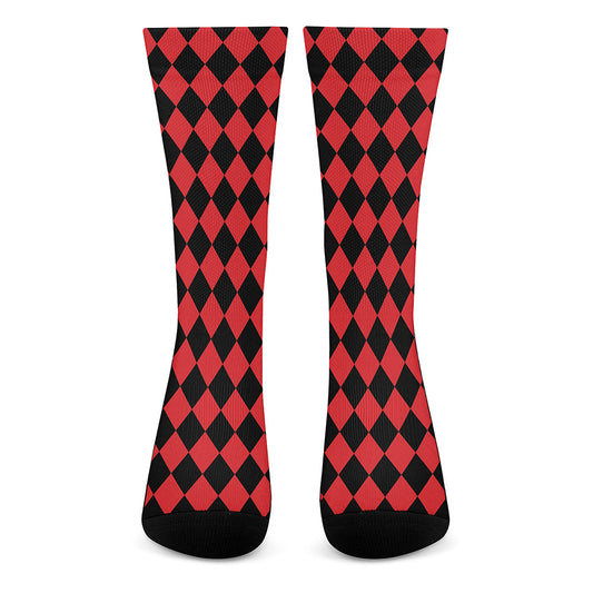 Red And Black Harlequin Pattern Print Crew Socks