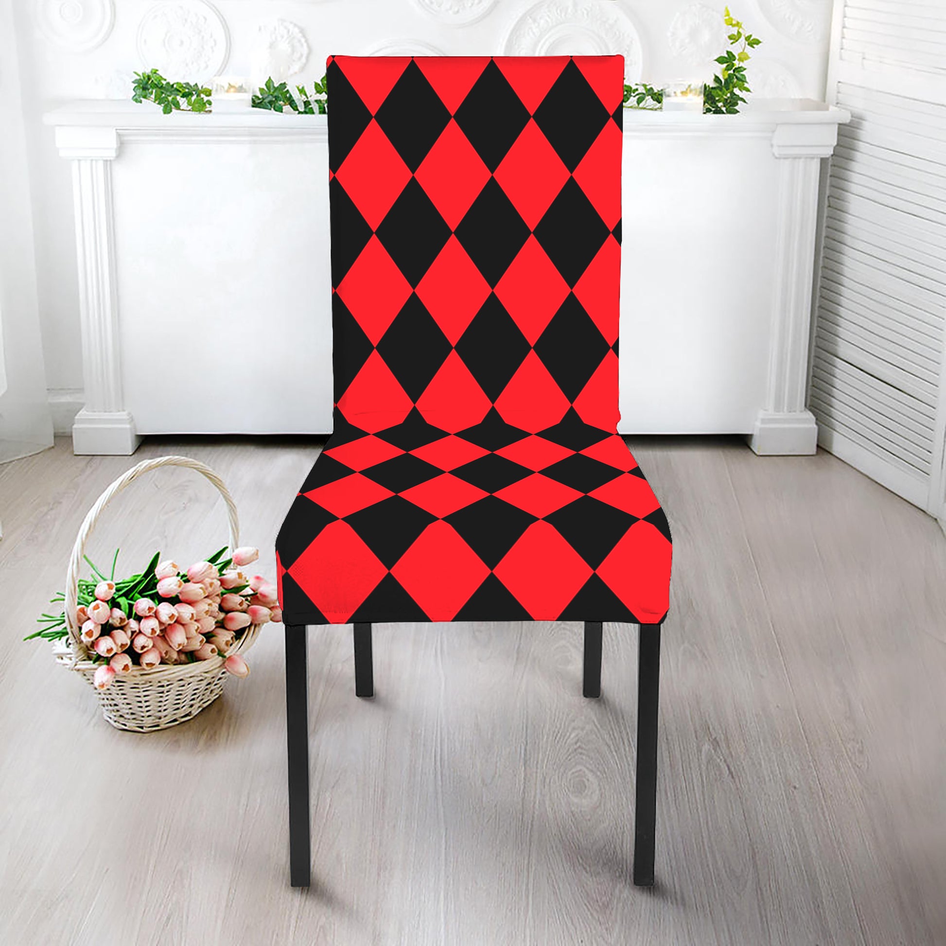Red And Black Harlequin Pattern Print Dining Chair Slipcover