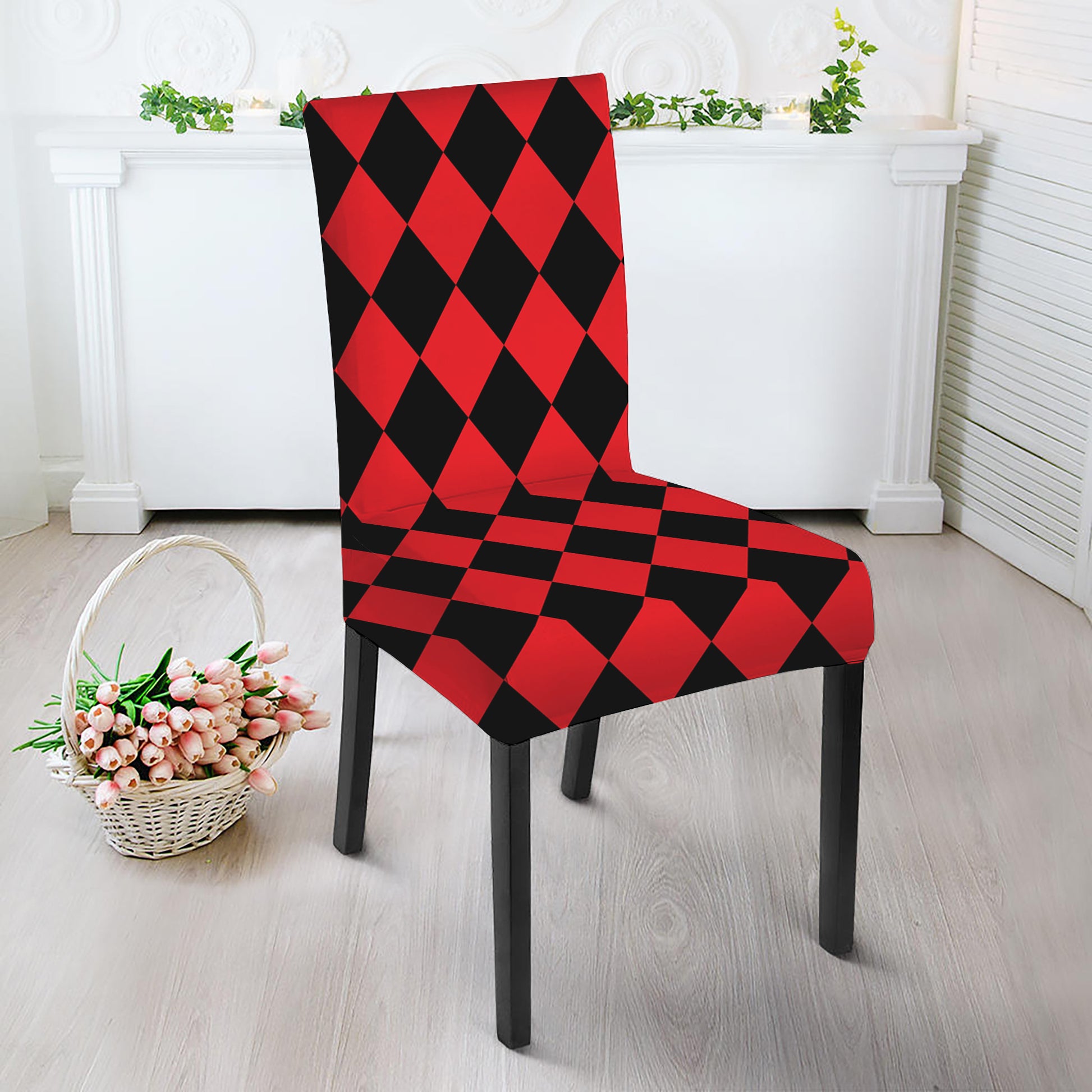 Red And Black Harlequin Pattern Print Dining Chair Slipcover