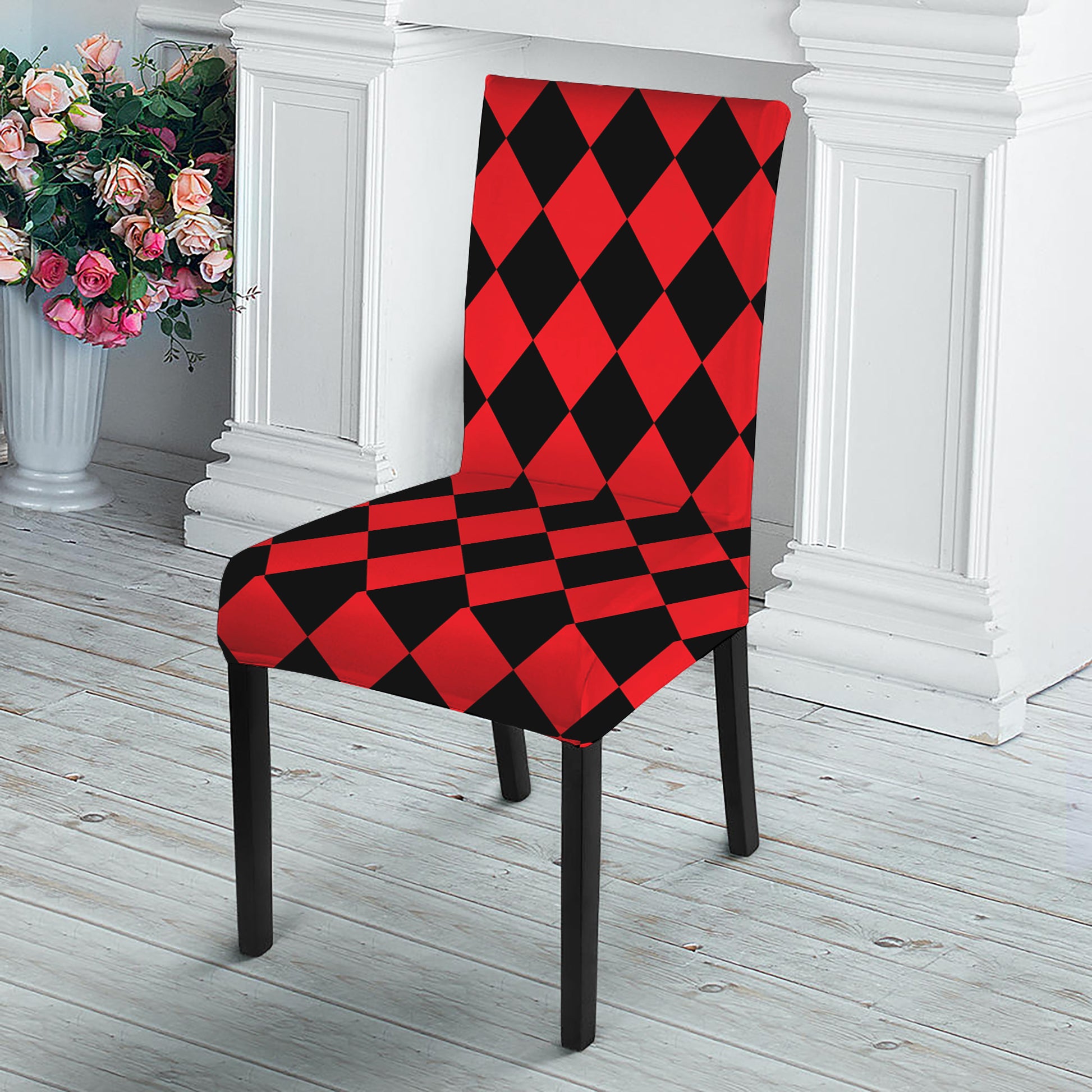 Red And Black Harlequin Pattern Print Dining Chair Slipcover