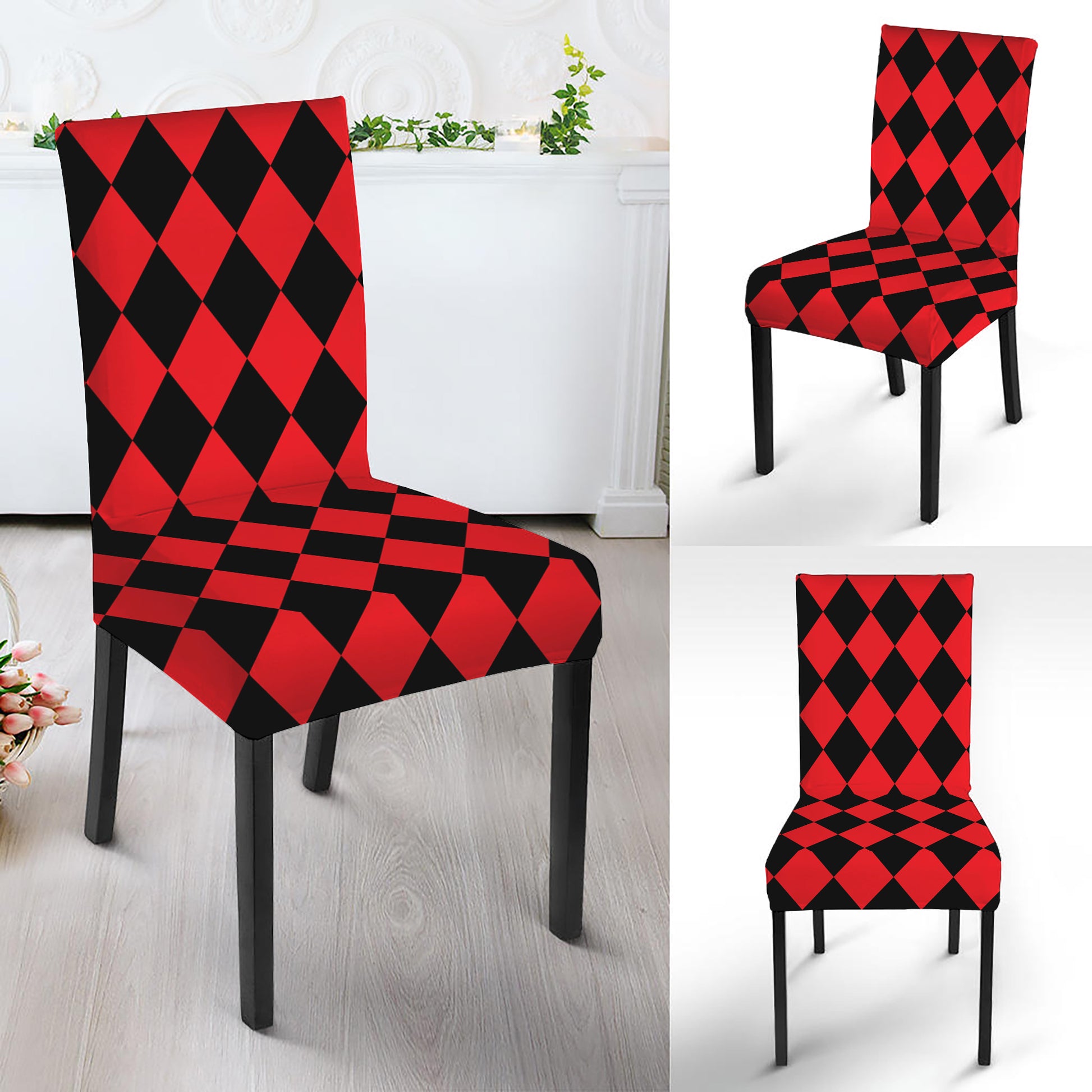 Red And Black Harlequin Pattern Print Dining Chair Slipcover