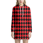 Red And Black Harlequin Pattern Print Hoodie Dress