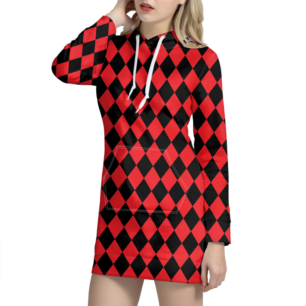 Red And Black Harlequin Pattern Print Hoodie Dress