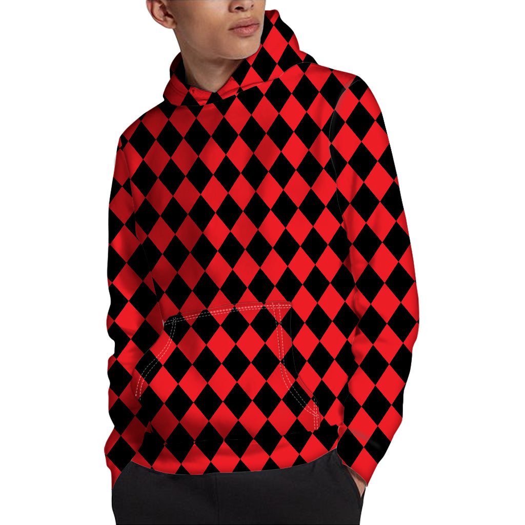 Red And Black Harlequin Pattern Print Pullover Hoodie