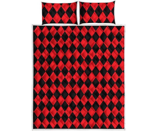 Red And Black Harlequin Pattern Print Quilt Bed Set