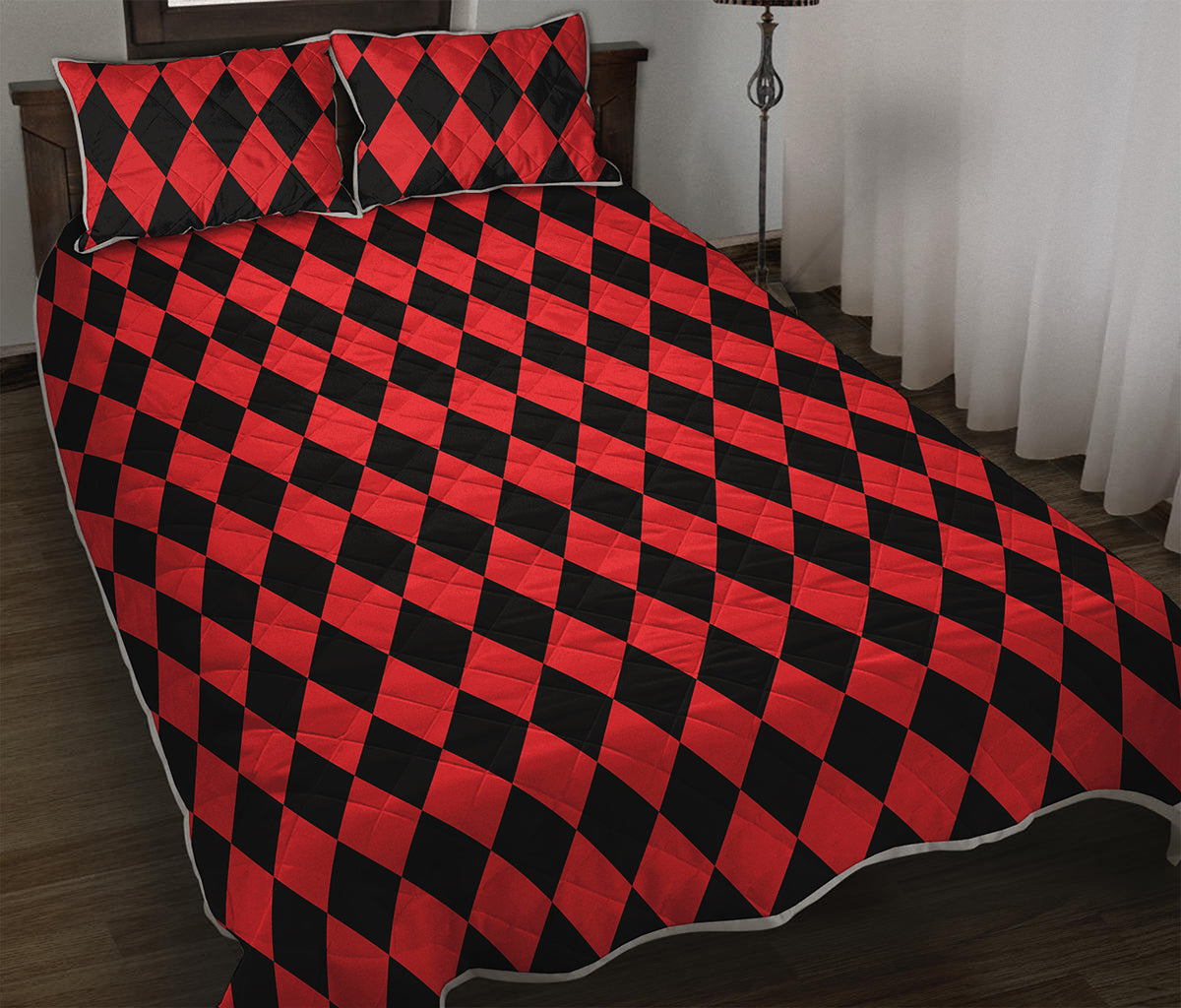 Red And Black Harlequin Pattern Print Quilt Bed Set