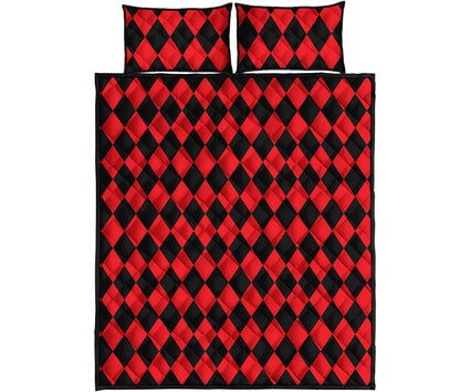 Red And Black Harlequin Pattern Print Quilt Bed Set