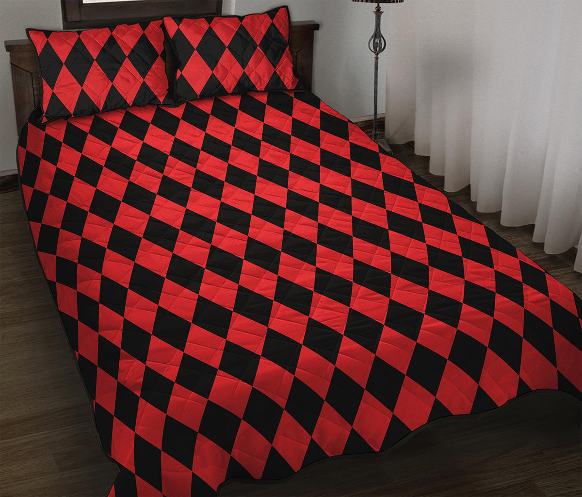 Red And Black Harlequin Pattern Print Quilt Bed Set