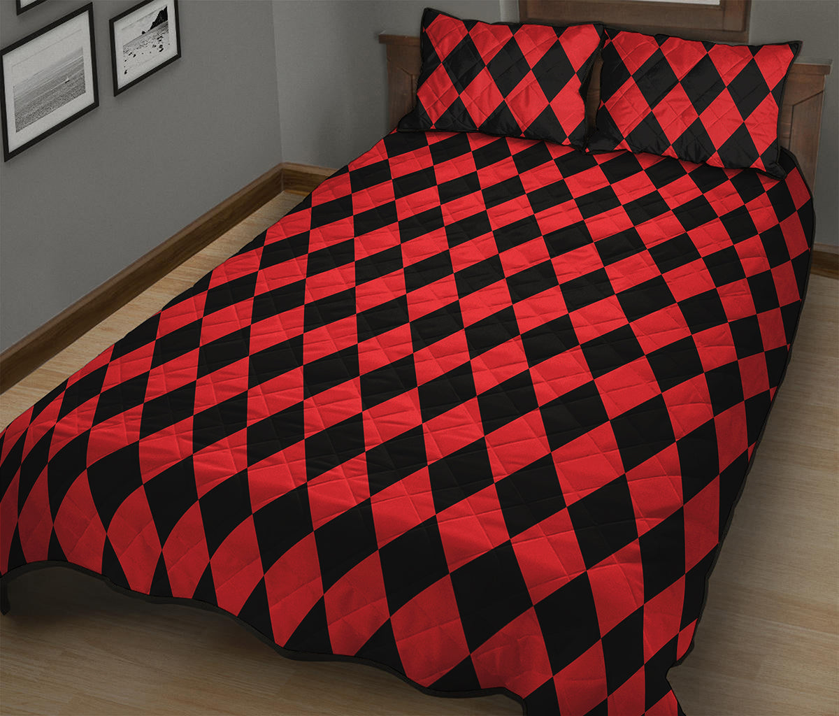 Red And Black Harlequin Pattern Print Quilt Bed Set