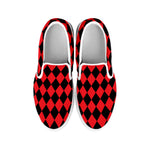 Red And Black Harlequin Pattern Print White Slip On Shoes