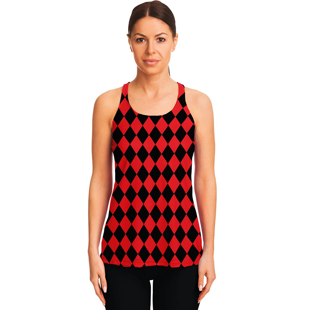 Red And Black Harlequin Pattern Print Women's Racerback Tank Top