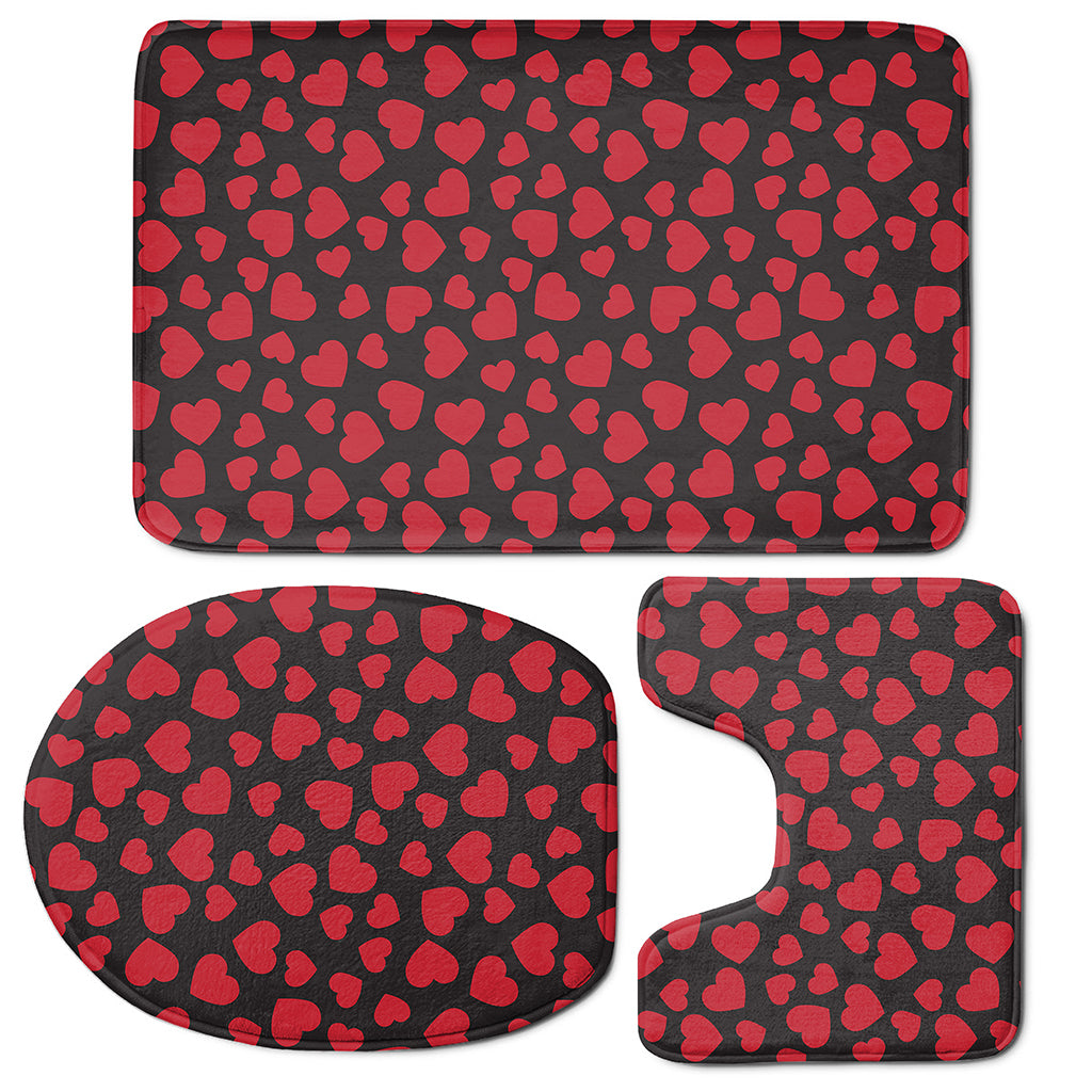 Red And Black Heart Pattern Print 3 Piece Bath Mat Set