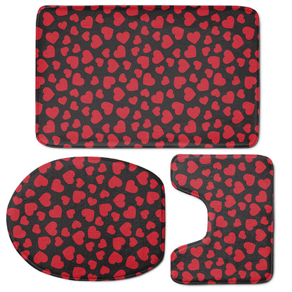 Red And Black Heart Pattern Print 3 Piece Bath Mat Set