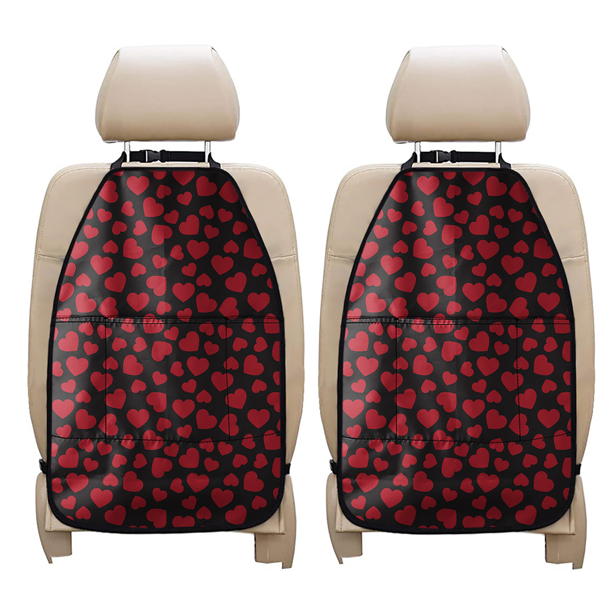 Red And Black Heart Pattern Print Car Seat Organizers