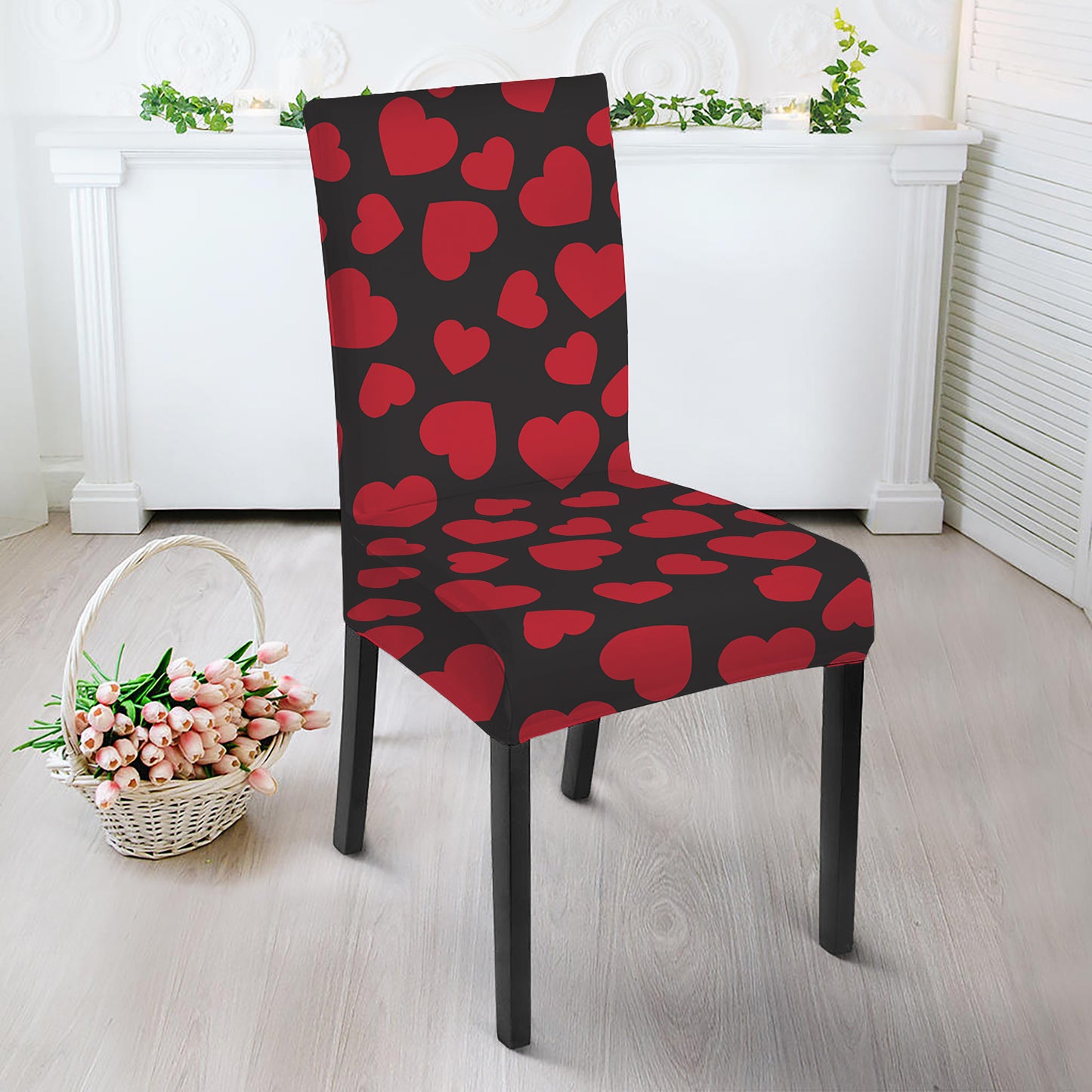 Red And Black Heart Pattern Print Dining Chair Slipcover