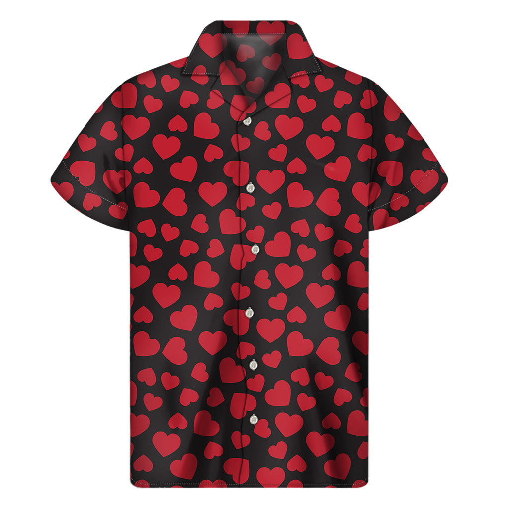 Red And Black Heart Pattern Print Men's Short Sleeve Shirt