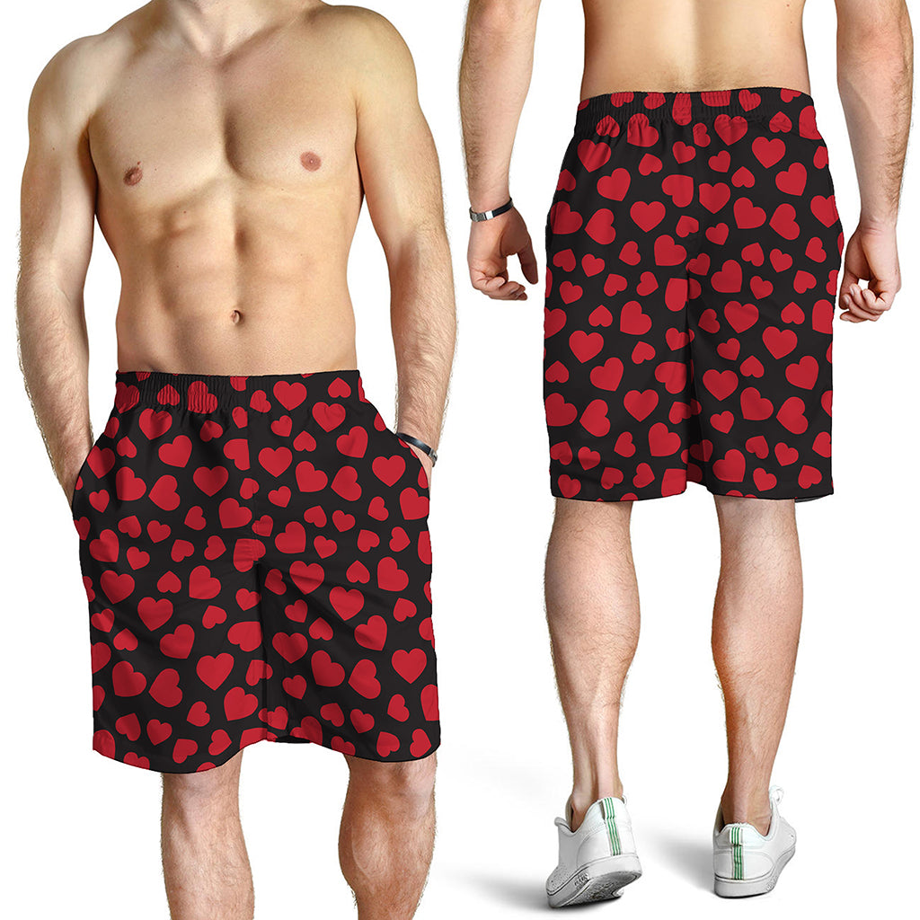 Red And Black Heart Pattern Print Men's Shorts