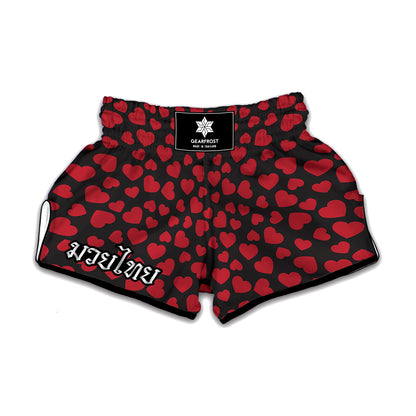 Red And Black Heart Pattern Print Muay Thai Boxing Shorts