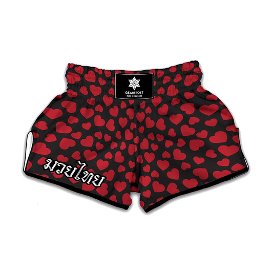 Red And Black Heart Pattern Print Muay Thai Boxing Shorts