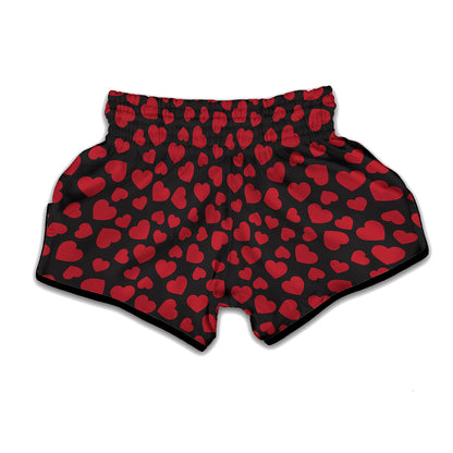 Red And Black Heart Pattern Print Muay Thai Boxing Shorts