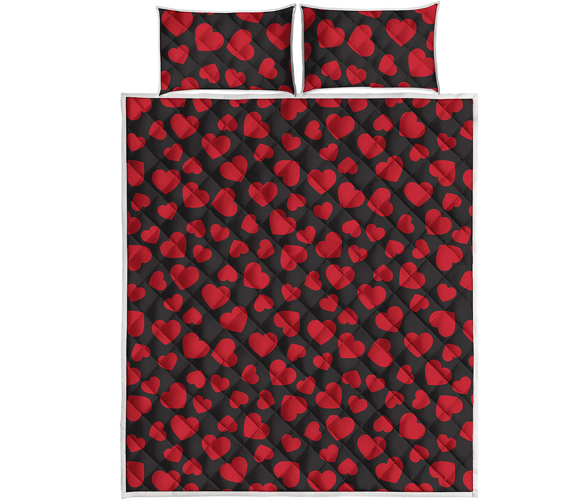 Red And Black Heart Pattern Print Quilt Bed Set
