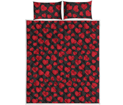 Red And Black Heart Pattern Print Quilt Bed Set