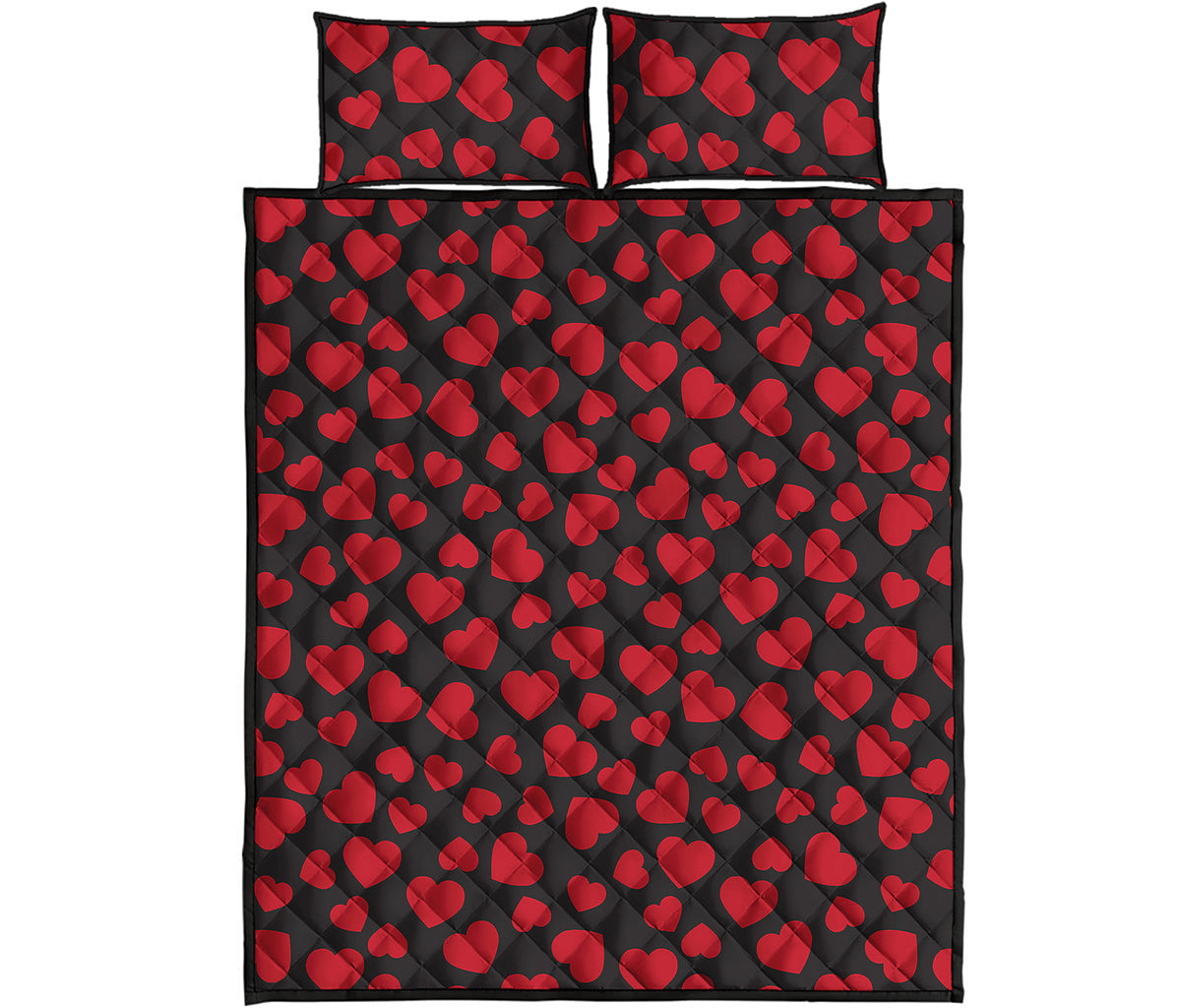 Red And Black Heart Pattern Print Quilt Bed Set