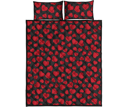 Red And Black Heart Pattern Print Quilt Bed Set