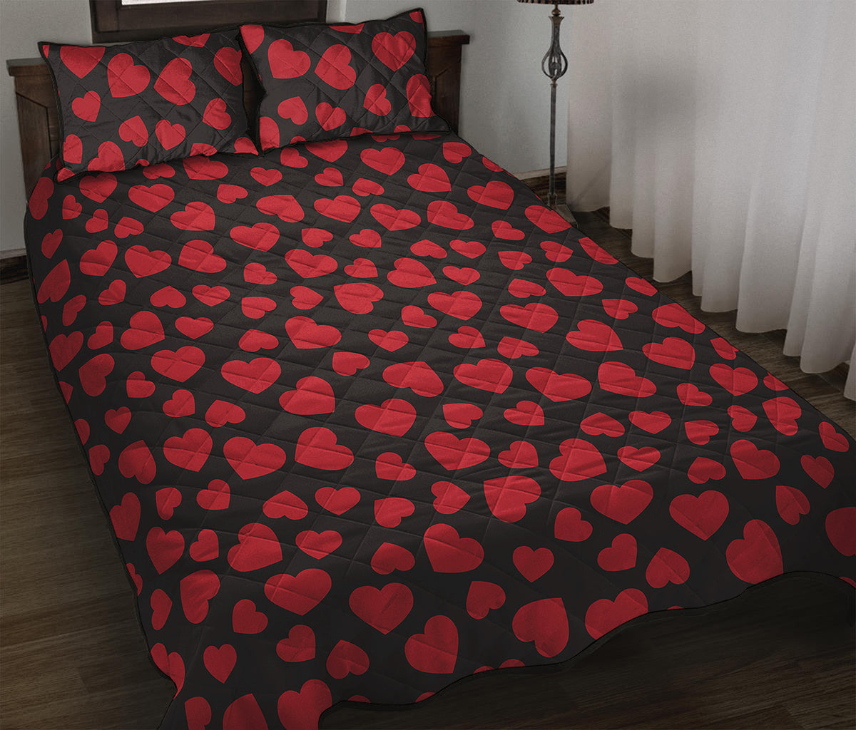 Red And Black Heart Pattern Print Quilt Bed Set