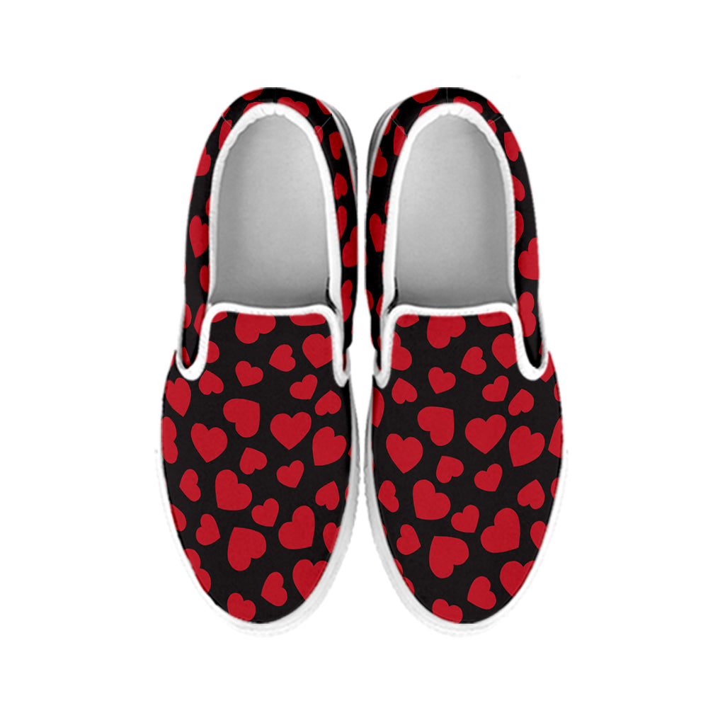 Red And Black Heart Pattern Print White Slip On Shoes