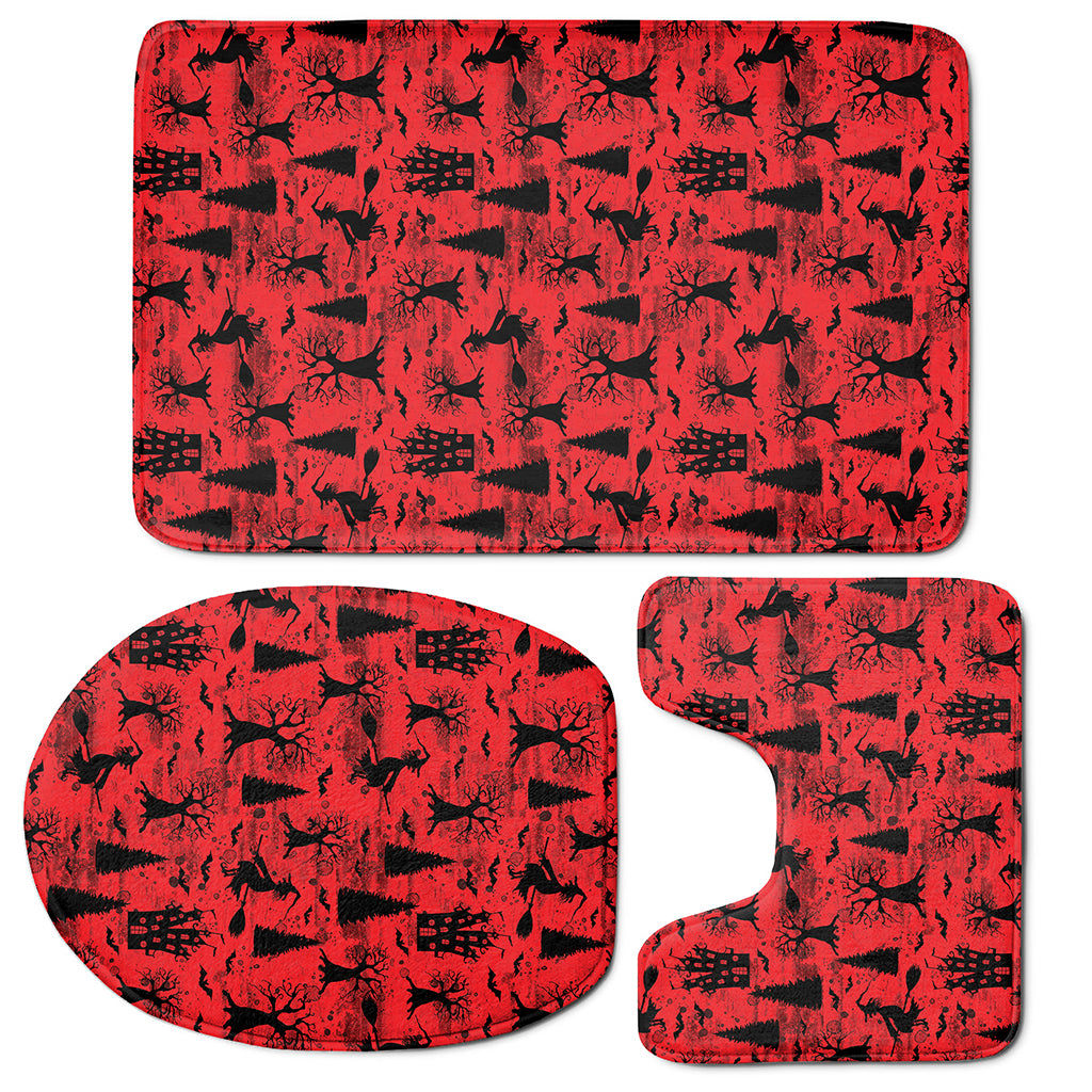 Red And Black Horror Witch Pattern Print 3 Piece Bath Mat Set