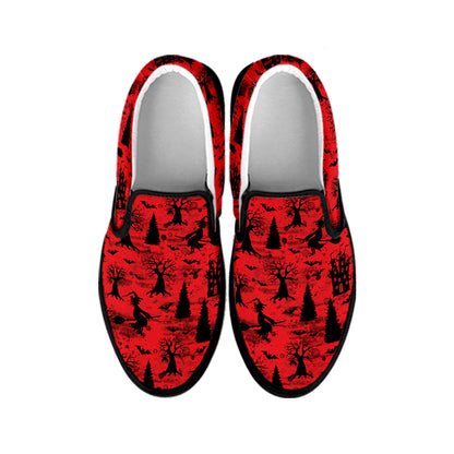 Red And Black Horror Witch Pattern Print Black Slip On Shoes