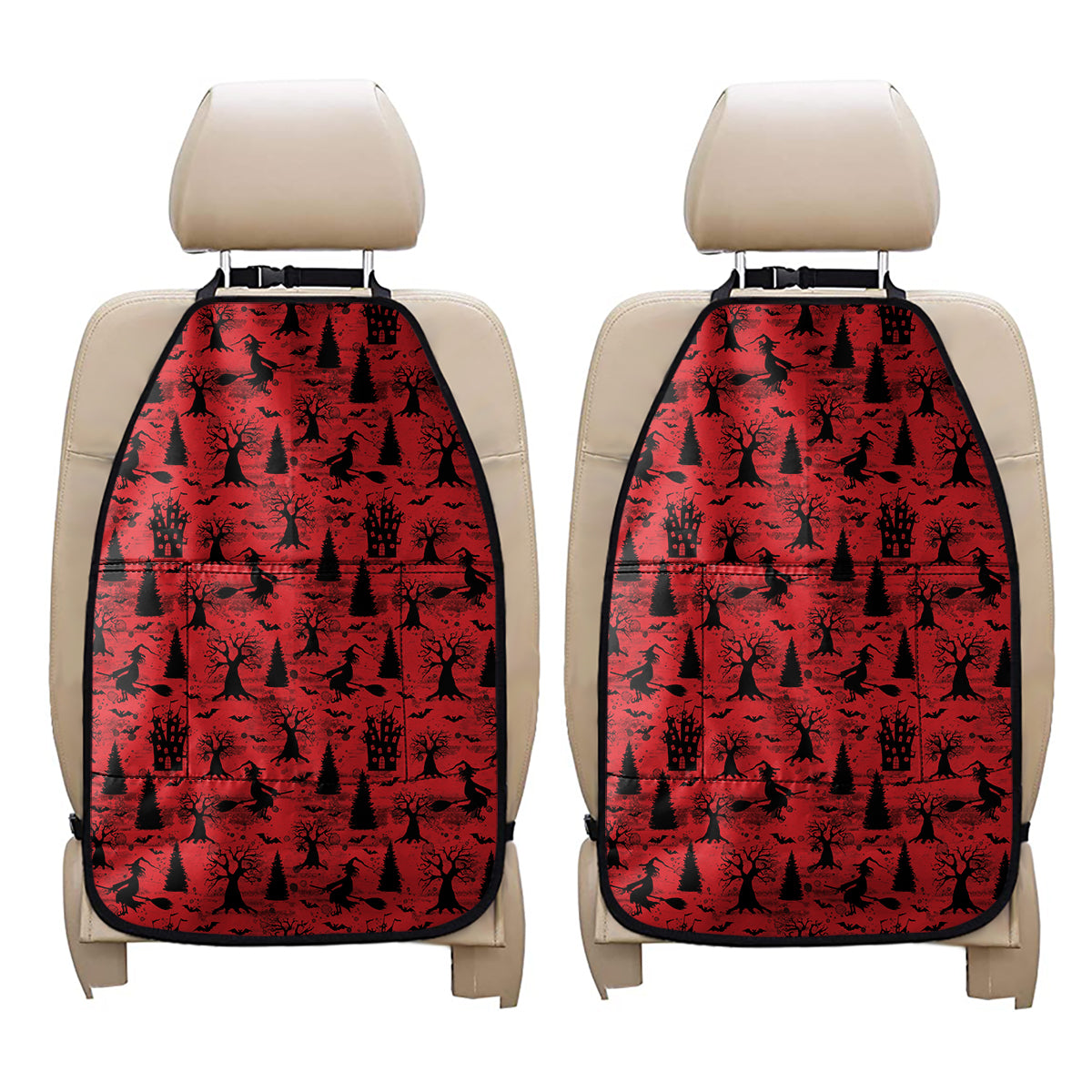 Red And Black Horror Witch Pattern Print Car Seat Organizers