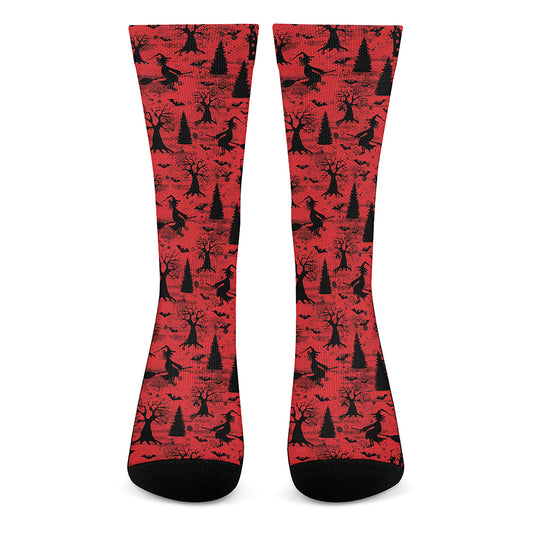 Red And Black Horror Witch Pattern Print Crew Socks