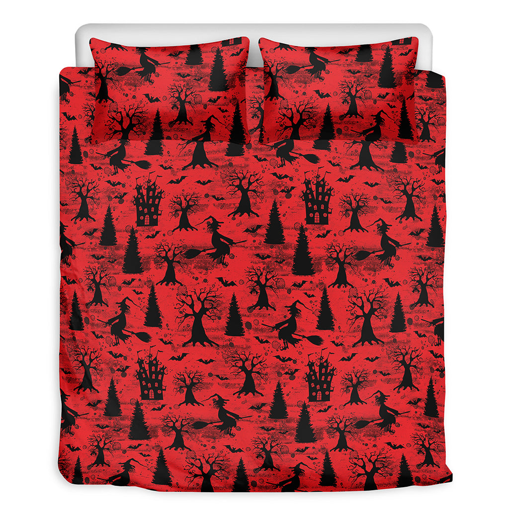 Red And Black Horror Witch Pattern Print Duvet Cover Bedding Set