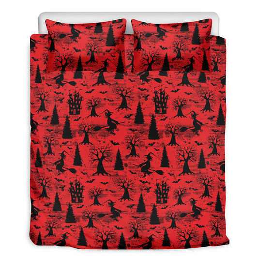 Red And Black Horror Witch Pattern Print Duvet Cover Bedding Set