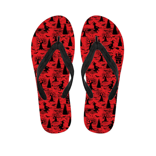Red And Black Horror Witch Pattern Print Flip Flops
