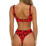 Red And Black Horror Witch Pattern Print Front Bow Tie Bikini