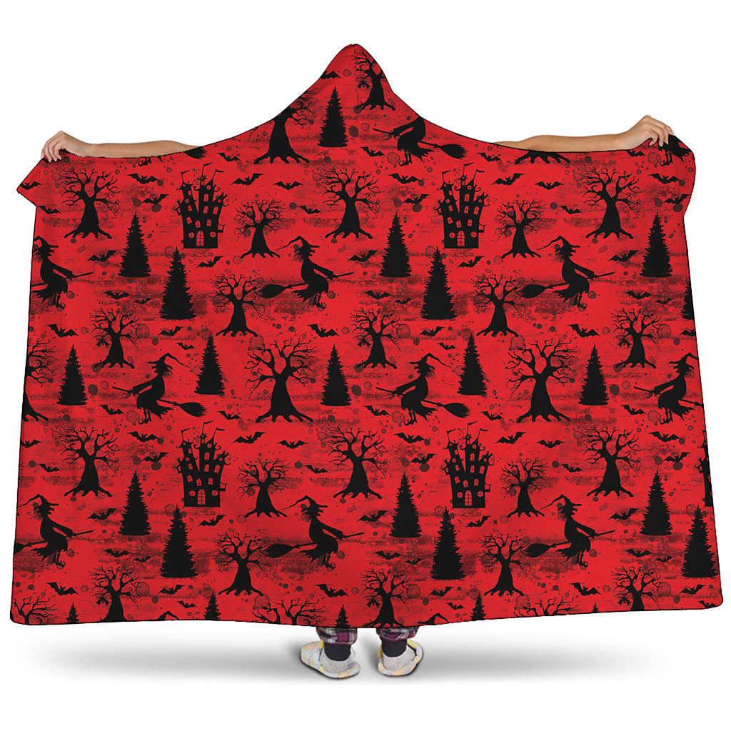 Red And Black Horror Witch Pattern Print Hooded Blanket